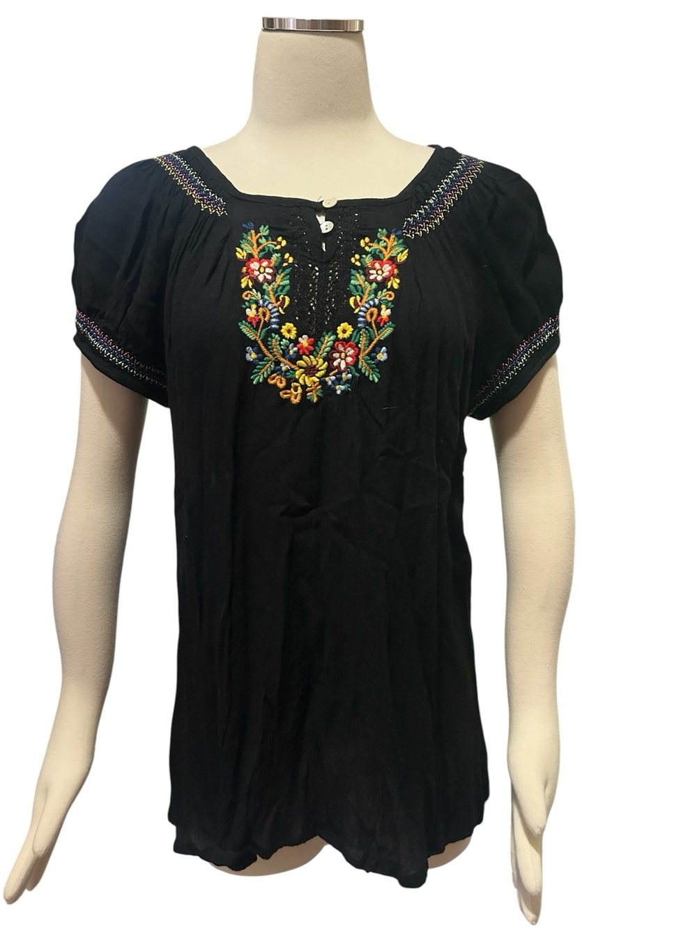 Black Embroidered Peasant Top - Boho Floral Tunic